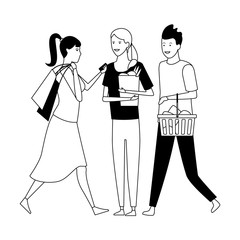 casual people cartoon in black and white