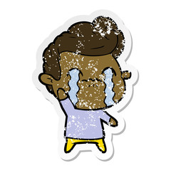 distressed sticker of a cartoon man crying