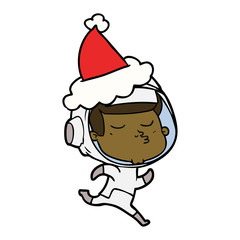 line drawing of a confident astronaut wearing santa hat