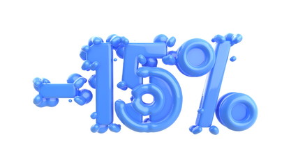 The sign -15off. Made of blue plastic or metal isolate on white background. 3d illustration