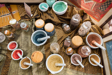 Colorful of powder color make form nature in a traditional painter studio