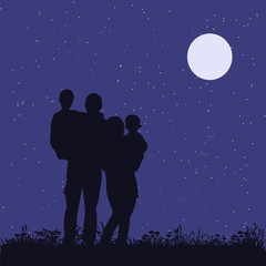 vector, isolated, silhouette of a family with children in the evening in the park