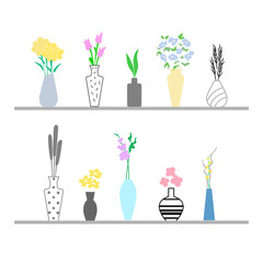 Collection of stylish bouquets in vases. Great for use by flower shops. Cool graphics.  Vector illustration