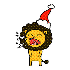 comic book style illustration of a roaring lion wearing santa hat