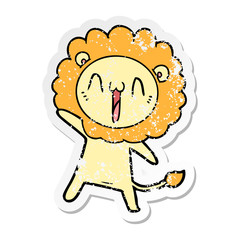 distressed sticker of a happy cartoon lion