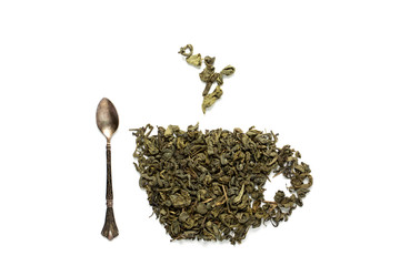 Green tea leaves on white background.