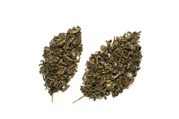 Green tea leaves on white background.