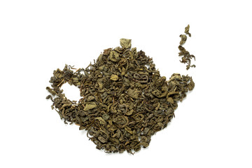 Green tea leaves on white background.