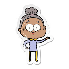 distressed sticker of a cartoon happy old woman