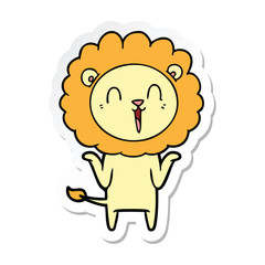 sticker of a laughing lion cartoon shrugging shoulders