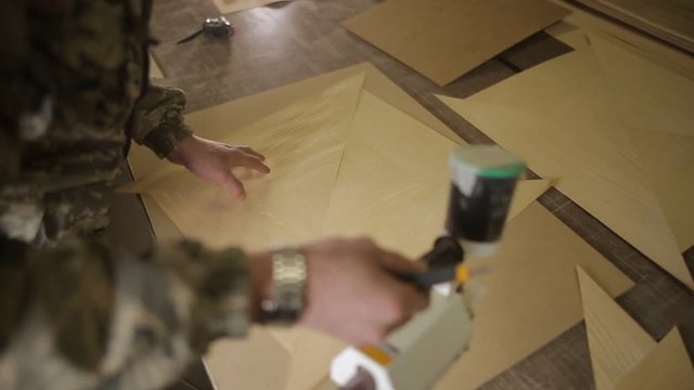 Preparation and stitching of veneer veneer for further assembly of the furniture process, woodwork