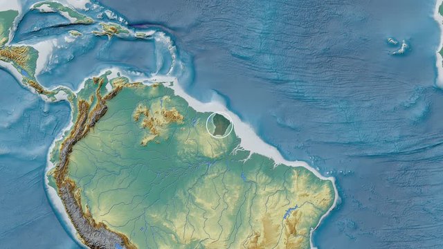 French Guiana area presented against the global relief map in the Patterson Cylindrical projection with animated oblique transformation