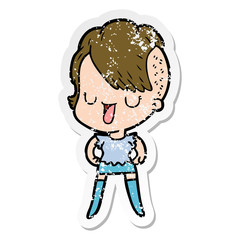 distressed sticker of a cute cartoon girl with hipster haircut
