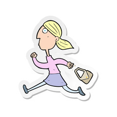 sticker of a cartoon running woman stressed