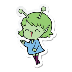 sticker of a cartoon alien girl laughing