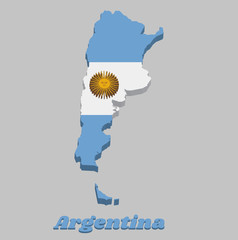 3D Map outline of Argentina, a horizontal triband of light blue (top and bottom) and white with the Sun of May centered on the white band.