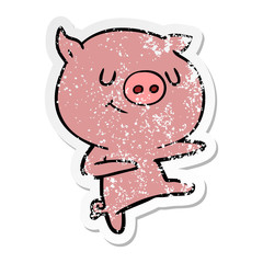 distressed sticker of a happy cartoon pig dancing