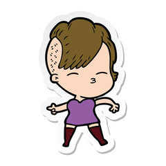 sticker of a cartoon squinting girl