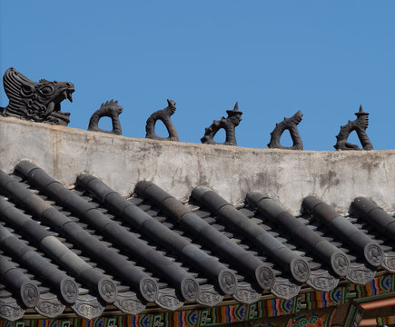 Close Up of the Roof Tiles, Statues, and Painting of the Gyeongbokgung Palace