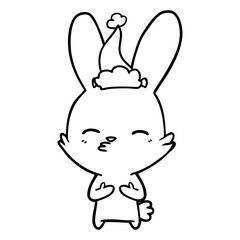 curious bunny line drawing of a wearing santa hat