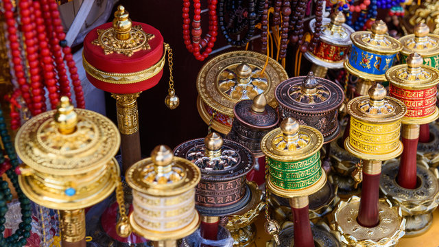 Mani wheels (hand prayer wheels) in Jokhang temple, Lhasa, Tibet, China.