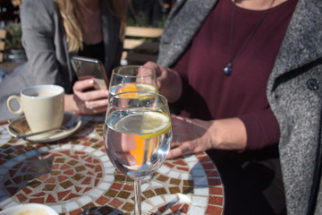 Women sitting in the cafe using mobile phone