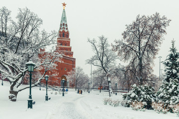 Walk at the Kremlin walls in winter Moscow, cityscape, Russia