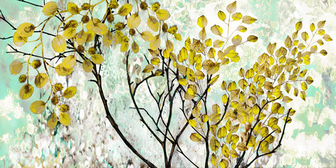Designer oil painting. Decoration for the interior. Modern abstract art on canvas. Set of pictures with different textures and colors. Tree with yellow leaves on blue background. - 252177628