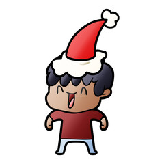 gradient cartoon of a laughing boy wearing santa hat