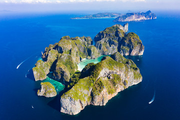 View from above, stunning aerial view of Koh Phi Phi Lee with the beautiful beach of Maya Bay...
