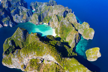 View from above, stunning aerial view of Koh Phi Phi Lee with the beautiful beach of Maya Bay...