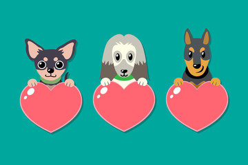 Set of vector dogs with heart signs for design.