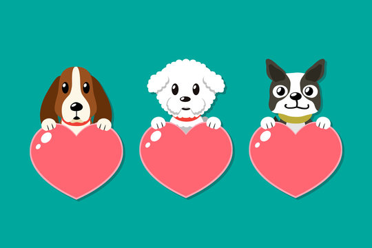 Cartoon dogs with heart signs set for design.