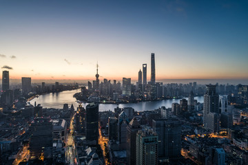 aerial view of East Nanjing Road, Shanghai, China. In dawn