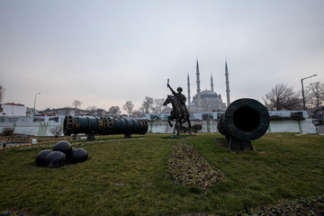 Edirne Turkey February 18 2019 : Edirne city center Mimar Sinan Monument and Selimiye Mosque