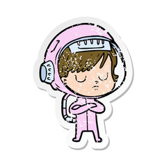 distressed sticker of a cartoon astronaut woman
