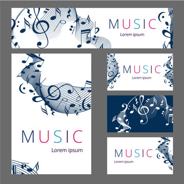 Set of templates with poster, brochure, ticket, program event and VIP. Treble clef illustration with brush strokes and colors. Texture watercolor effect.