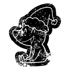 sitting bear cartoon distressed icon of a wearing santa hat