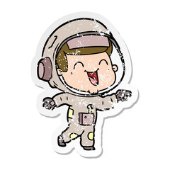 distressed sticker of a happy cartoon astronaut