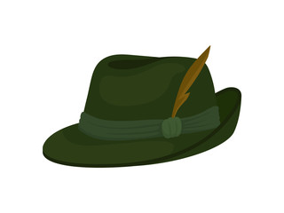 Green Bavarian or Tyrolean hat with feather. Traditional German headwear. Male accessory, part of costume. Flat vector