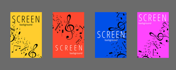 Musical banner set with colored key notes. Abstract music background. Vector paper illustration.