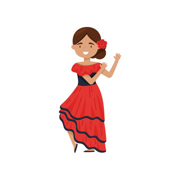Cheerful girl in traditional Spanish dress. Flamenco dancer costume. National outfit of Spain. Flat vector design