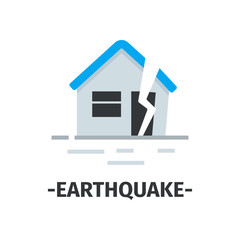 Simple flat vector icon with house destroyed by earthquake and text. Dangerous catastrophe. Natural disaster
