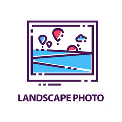 Abstract flat vector logo with landscape photo. Scene with sea and hot air balloons. Creative linear emblem