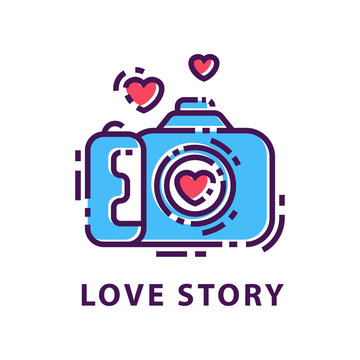 Creative photography logo template. Love story. Original emblem with photo camera and hearts. Flat linear vector