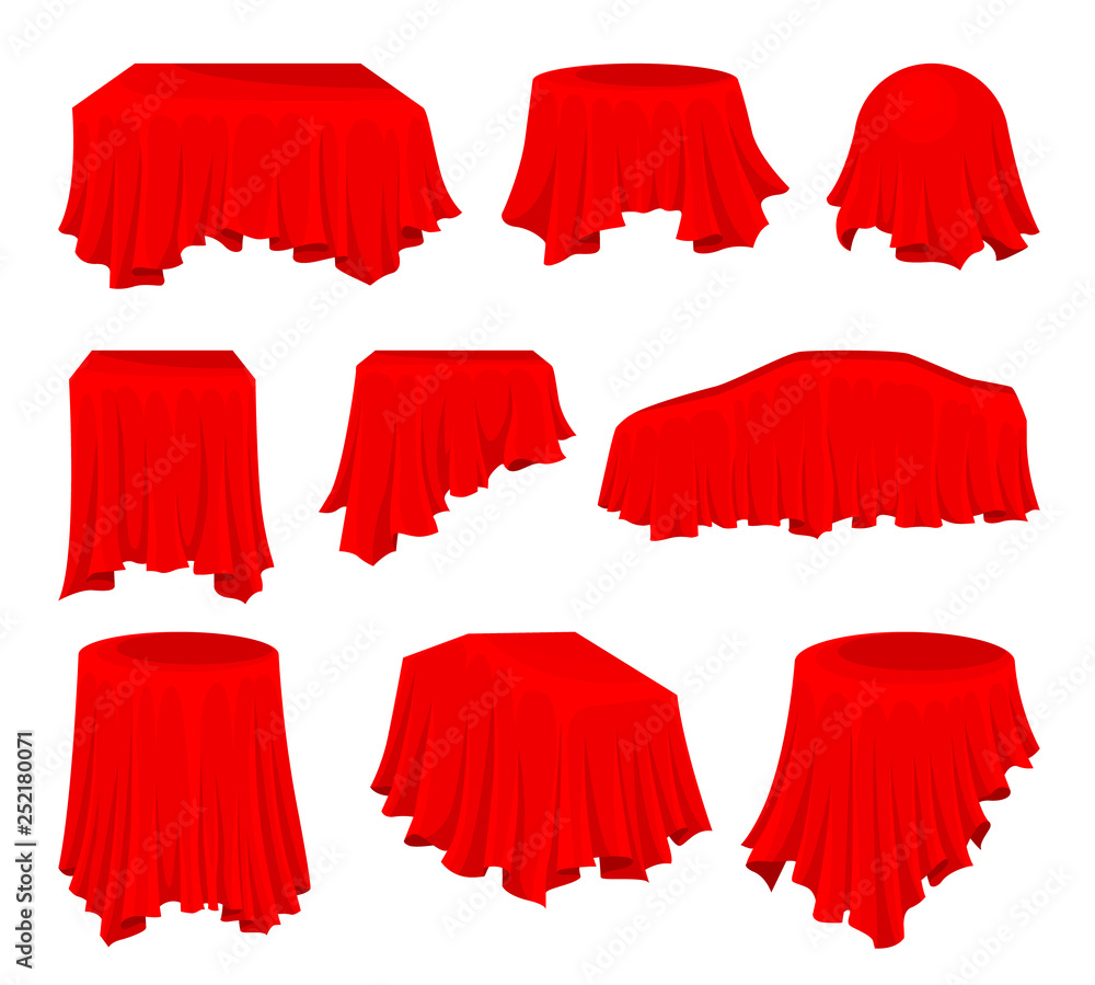 Poster flat vector set of bright red cloth. silk fabric. textile material. hidden object. table linen. pres