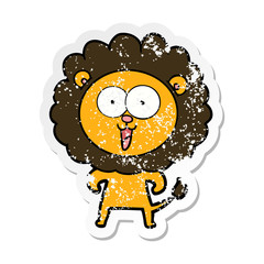 distressed sticker of a happy cartoon lion