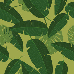 Vector seamless pattern with and tropical leaves. Exotic botanical background design for cosmetics, spa, textile, hawaiian shirt. Best as wrapping paper, wallpaper