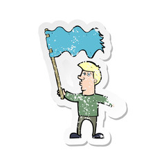 retro distressed sticker of a cartoon man waving flag