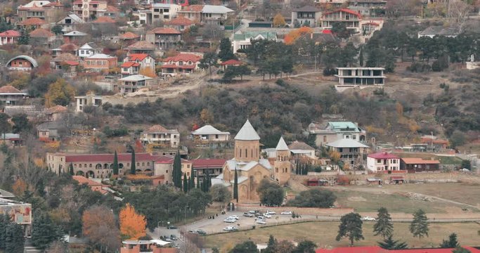 Mtskheta Georgia. Top View Of Ancient Town And Samtavro Monastery During Autumn Day. Samtavro Transfiguration Orthodox Church and Nunnery of St. Nino in Mtskheta